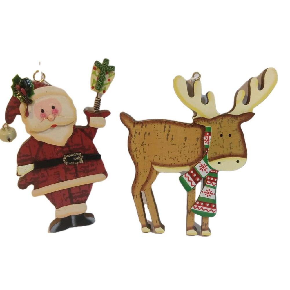 Xuan Wei Craft Manufactory 3D Christmas Wooden Ornaments Santa Reindeer Lot Of 2 - Picture 3 of 7